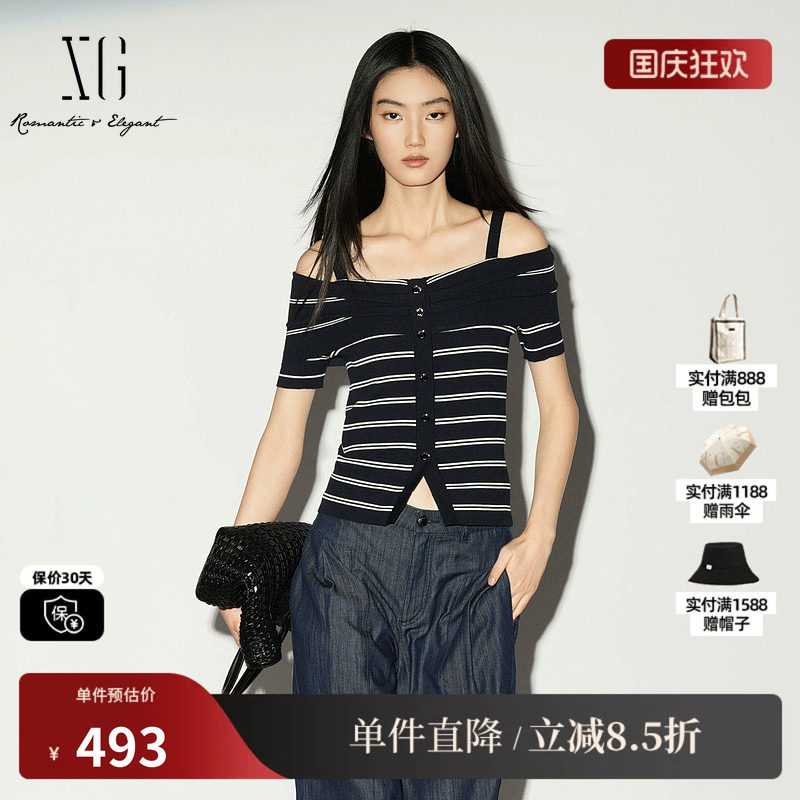XG/雪歌XL211027B399 条纹棉感短袖一字肩针织衫肩带修身海军风女