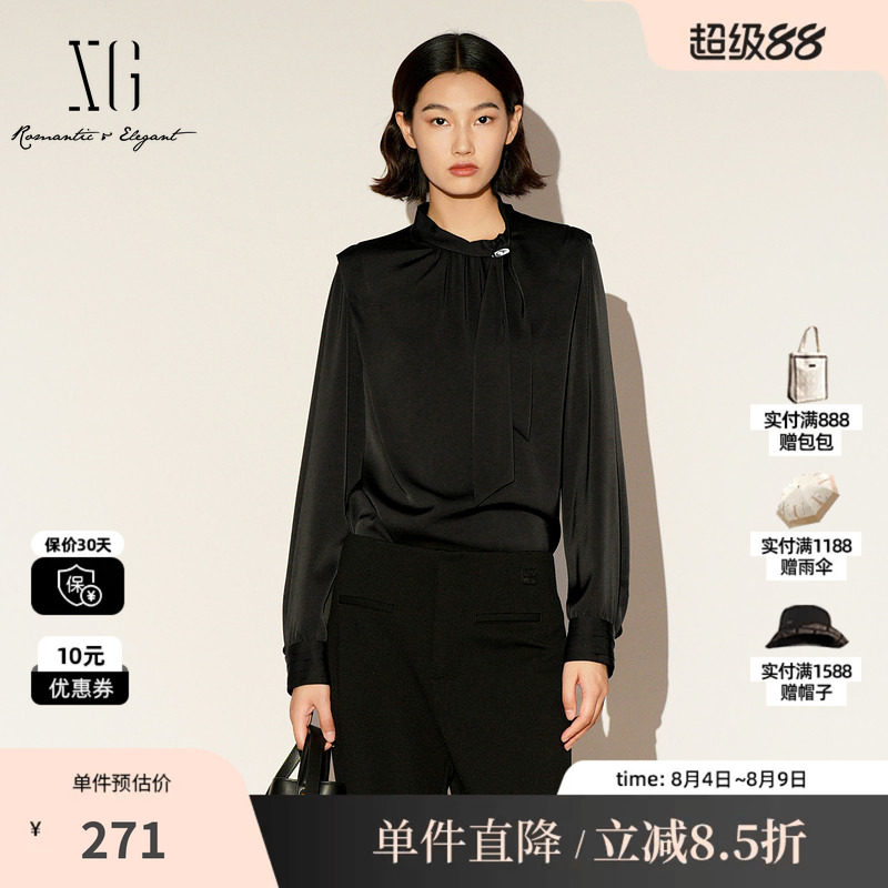 XG/雪歌XL121007A190黑色立领长袖衬衫2026春季新款飘带上衣女装