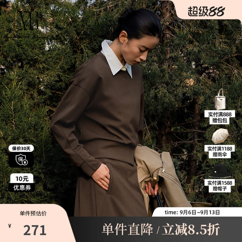 XG/雪歌XL101015A209圆领套头短款卫衣拉链开叉落肩直筒长袖T女装