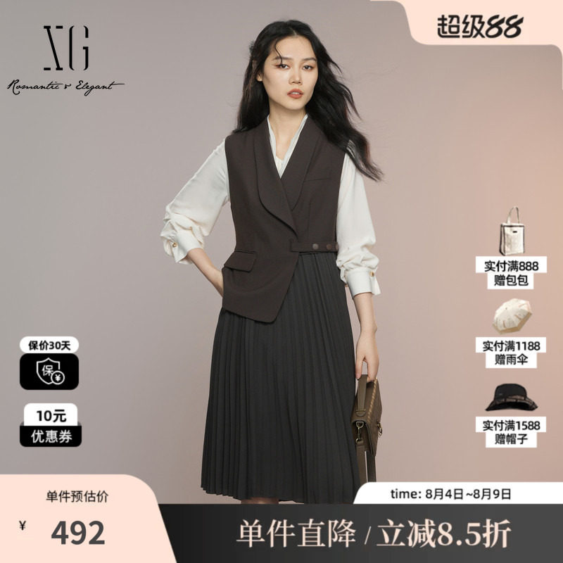XG/雪歌XK304020A374假两件无袖连衣裙2025秋季新款系带百褶裙女