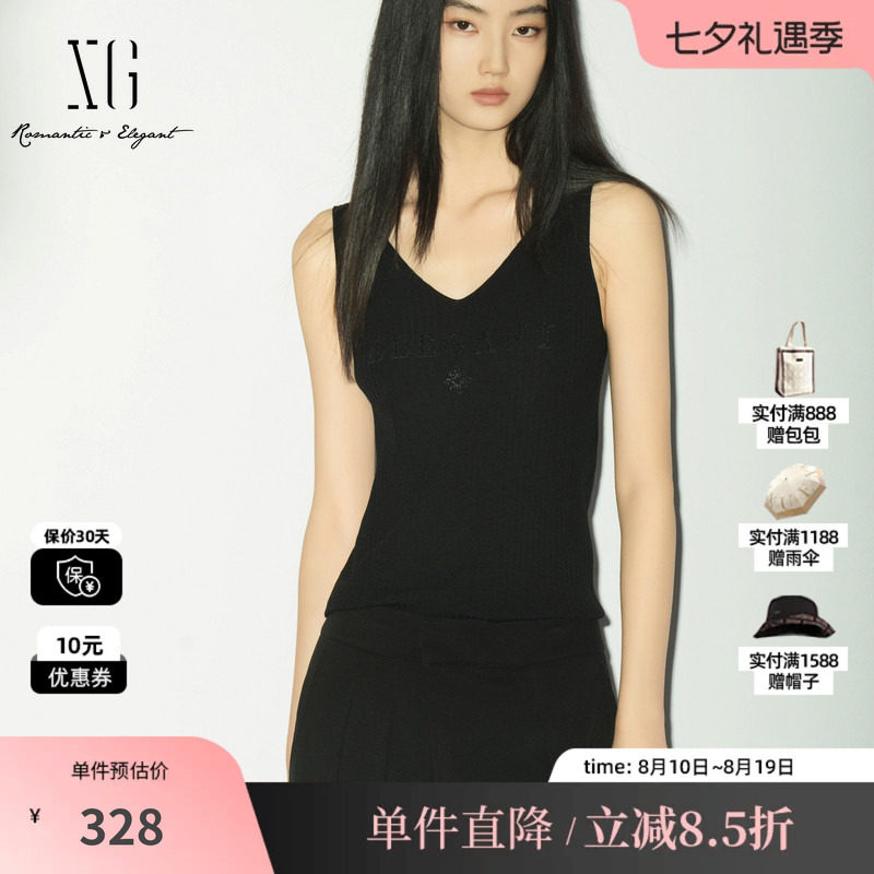 XG/雪歌XL211014A290黑色V领无袖背心吊带修身印花宽肩带内搭女装