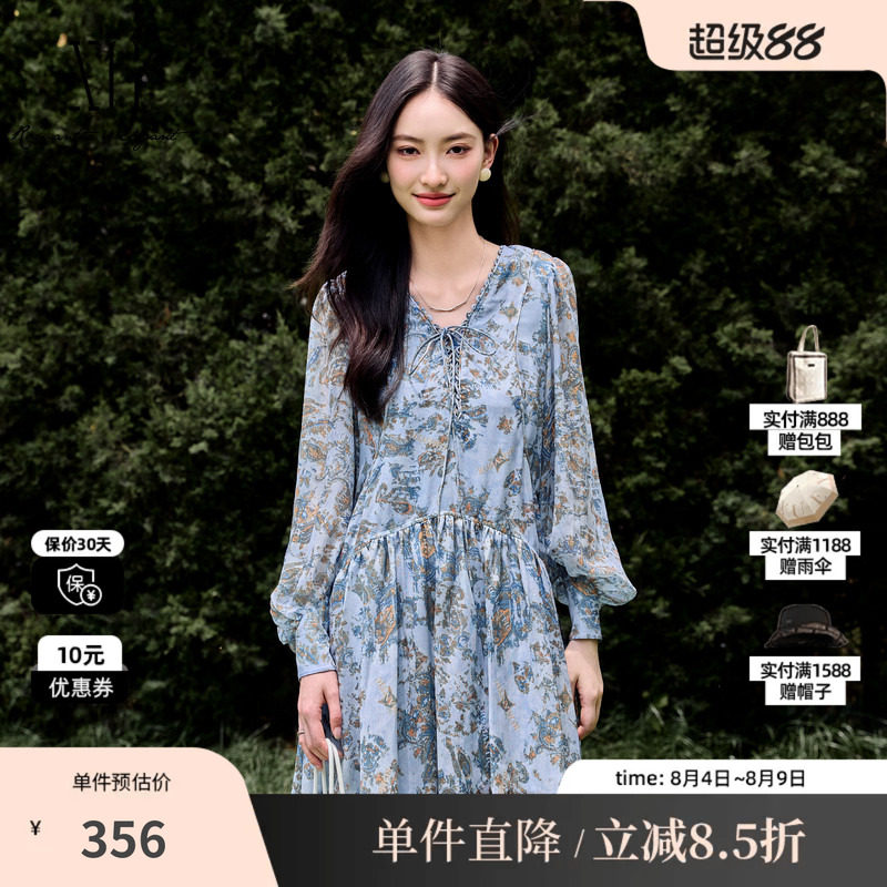 XG/雪歌XJ304008B197碎花长袖连衣裙 时尚秋季新款绑绳醋纤短裙女