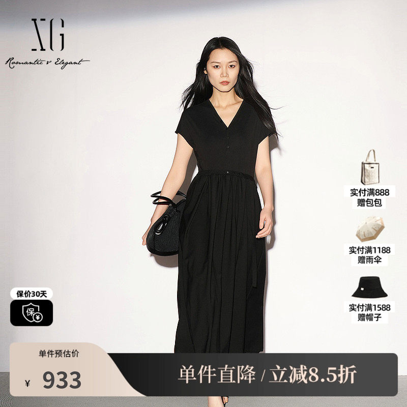 XG/雪歌 XL204020A290黑色V领短袖连衣裙配腰带衬衫领薄A字伞裙女
