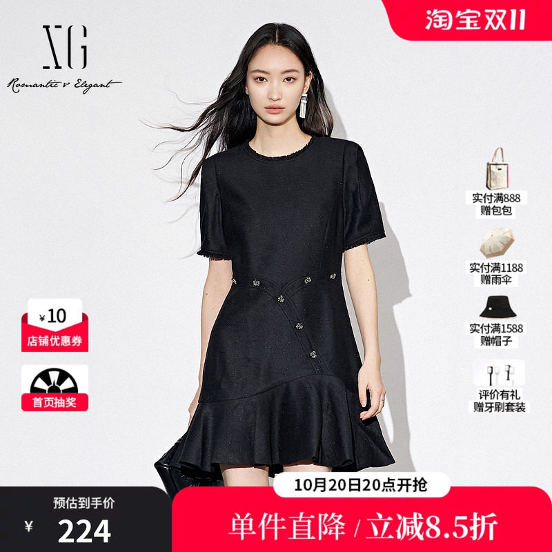 XG/雪歌XJ304006A290黑色短袖连衣裙2025秋季新款荷叶边短裙女装