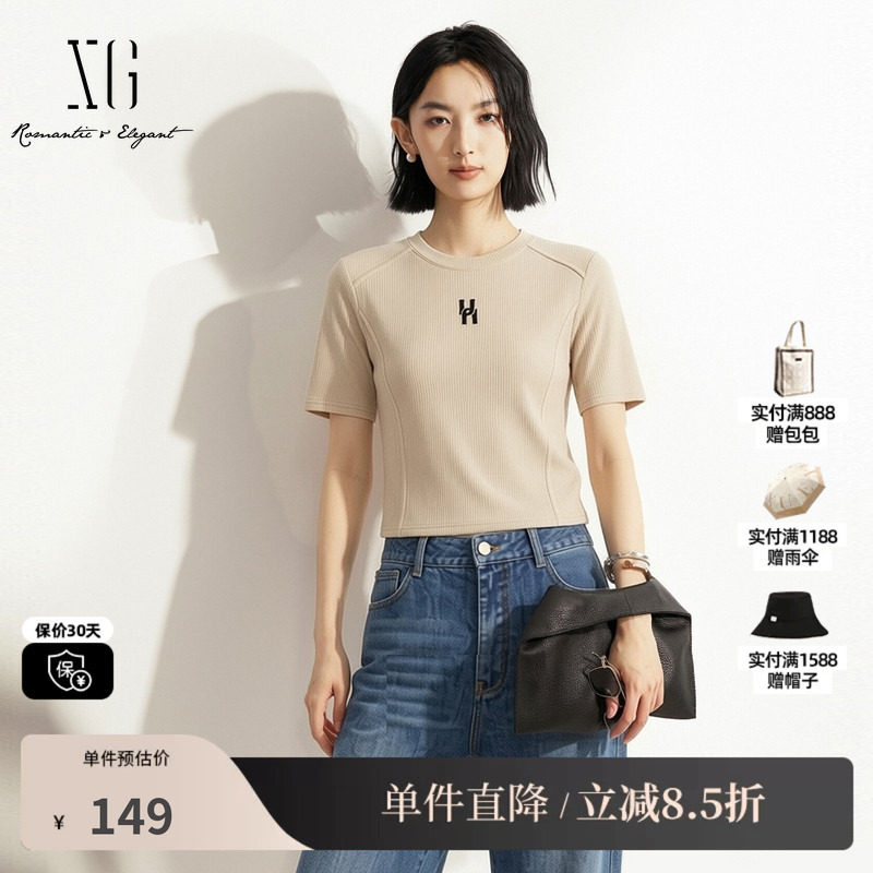 XG/雪歌XK301688A891米白色正肩修身坑条短袖T恤通勤简约休闲女装