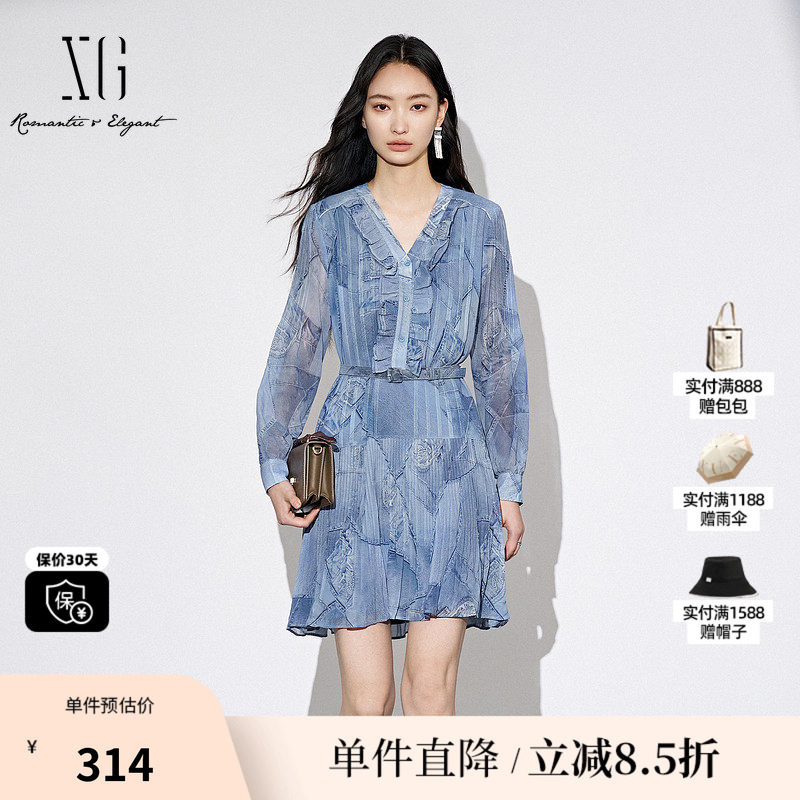 XG/雪歌XJ304019B397荷叶边长袖连衣裙时尚秋季新款百褶A字裙女装 - 实物图