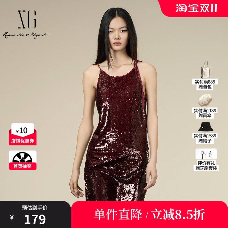 XG/雪歌XK425011A115酒红色短款吊带2025冬季新款亮片修身内搭女