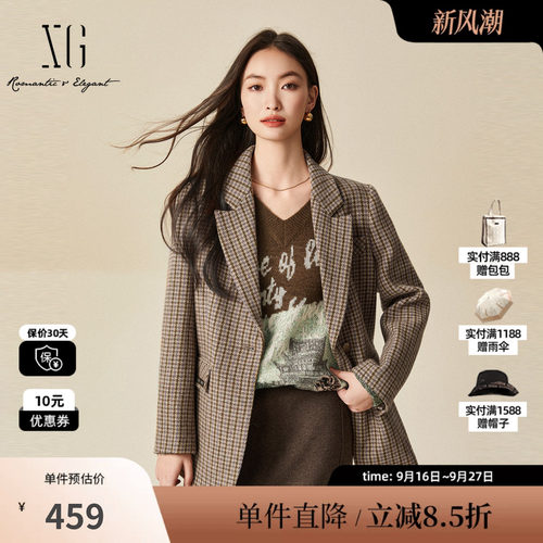 XG/雪歌XJ407032B695格纹长袖毛呢外套时尚冬季新款绵羊毛大衣女