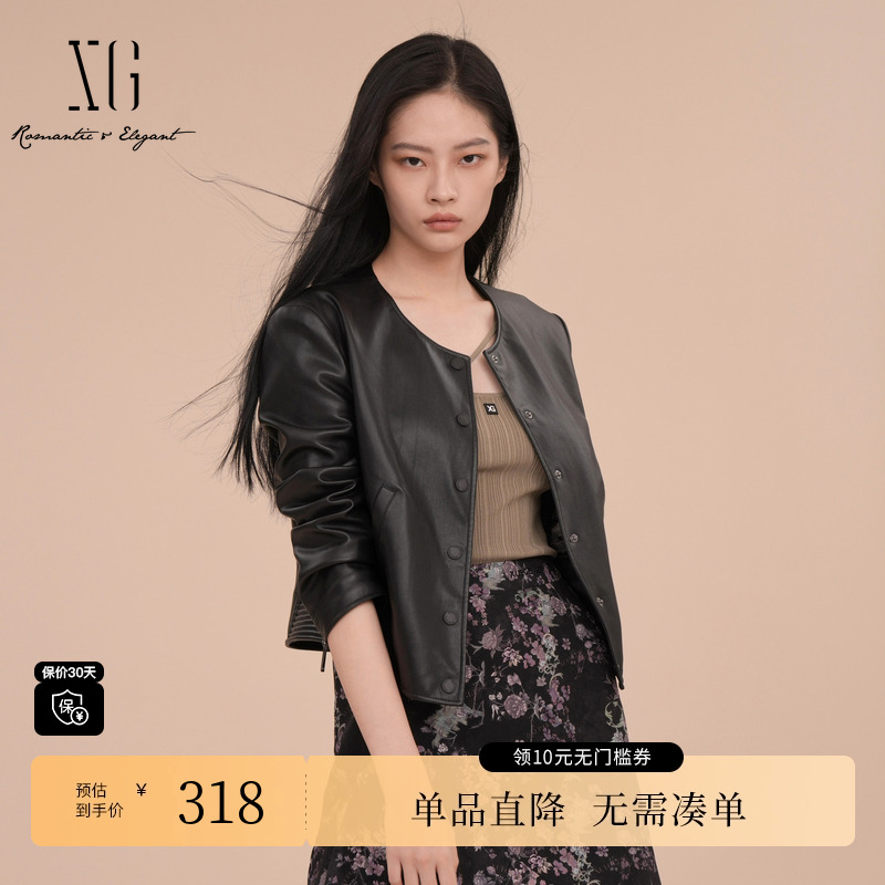 XG/雪歌XK107007A190黑色长袖短外套2025春季新款皮质圆领外套女