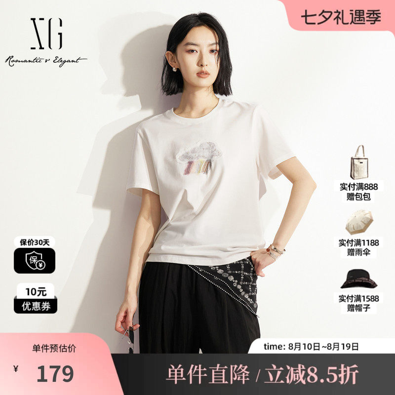 XG/雪歌XM201579A851白色棉感短袖T恤直筒轻薄款正肩简约上衣女装