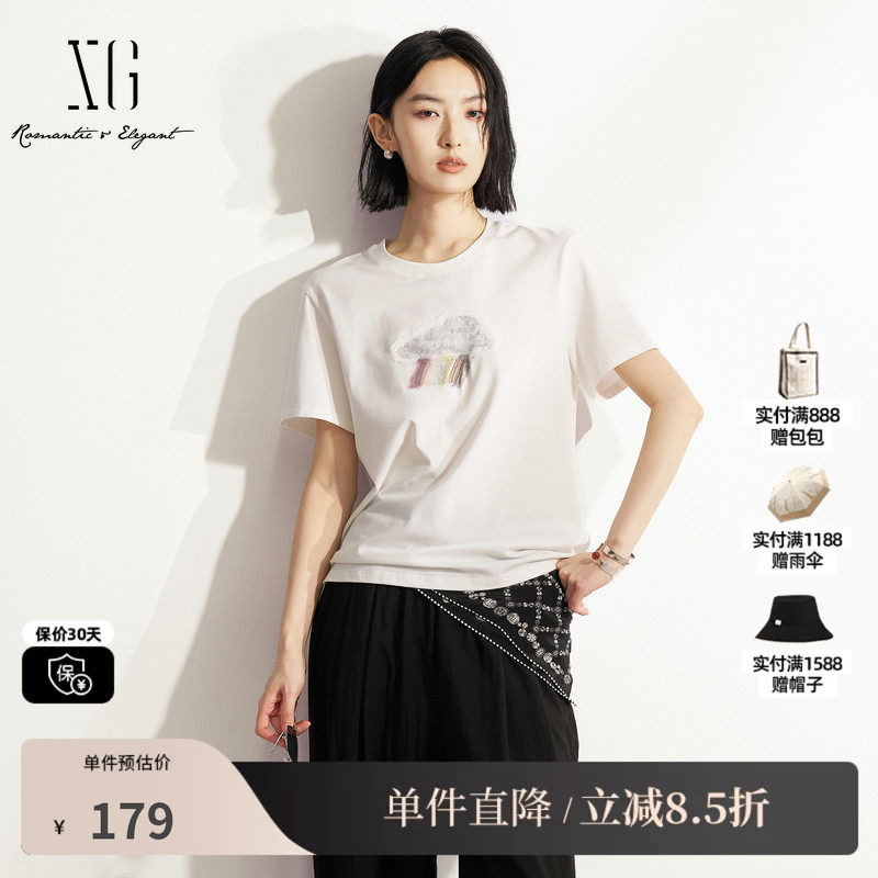 XG/雪歌XM201579A851白色棉感短袖T恤直筒轻薄款正肩简约上衣女装