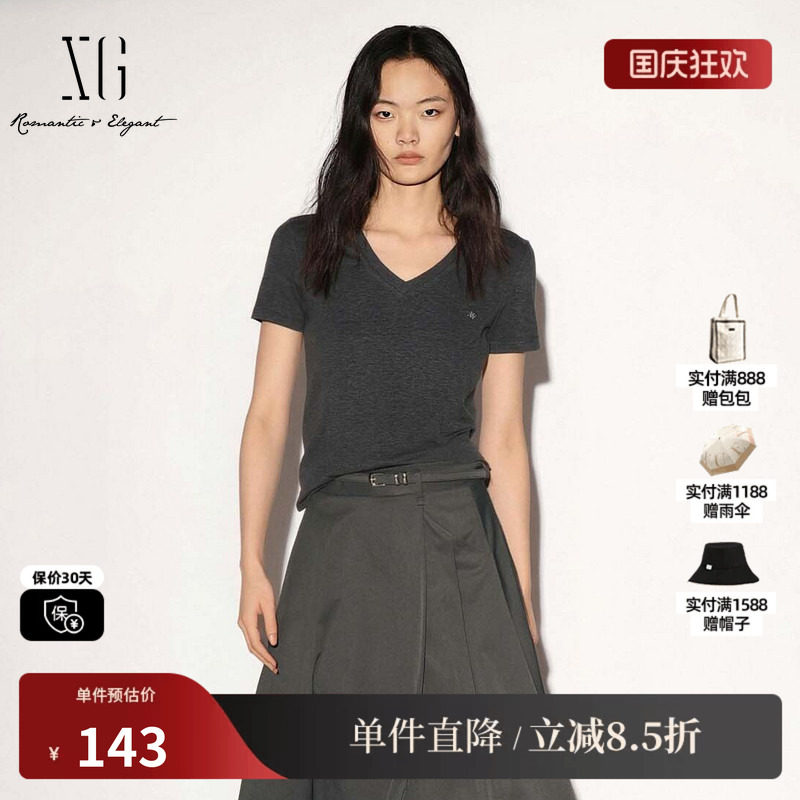 XG/雪歌 XM201857A884灰色莱赛尔薄款V领短袖T恤修身软糯上衣女装