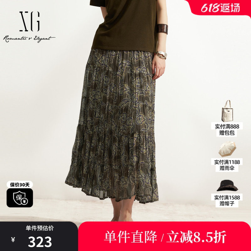 XG/雪歌XM203537B806花版松紧腰A字半身裙百褶民俗风休闲长裙女装