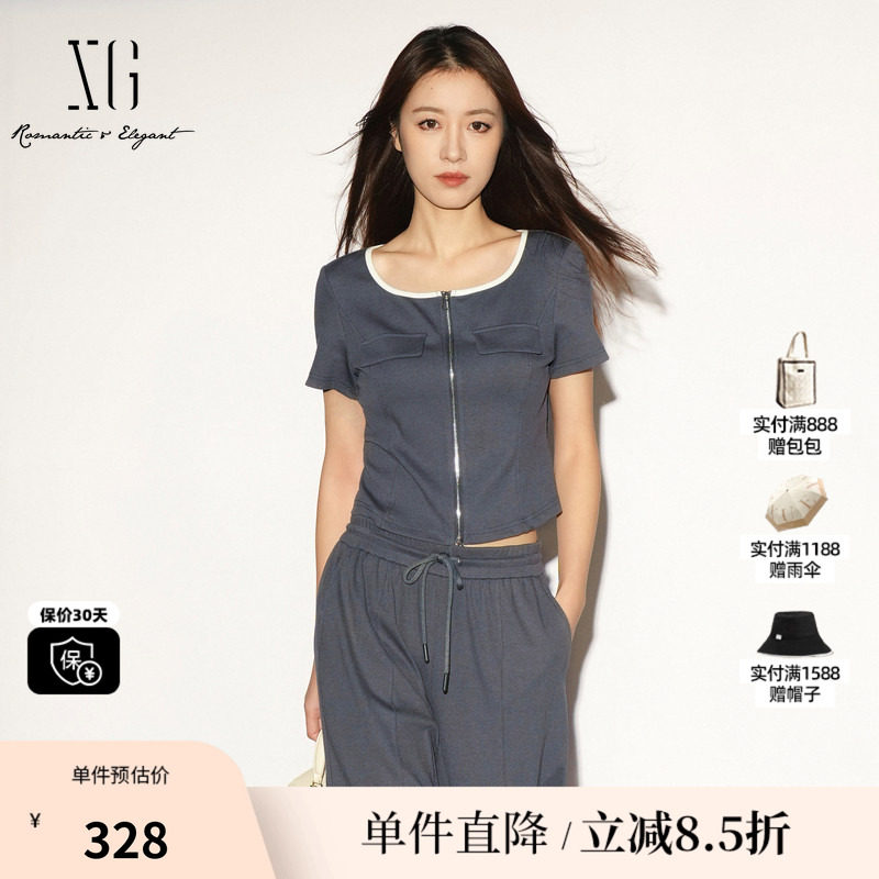 XG/雪歌XL201027B983深灰色方领短袖T恤短款拉链修身薄款开衫女装