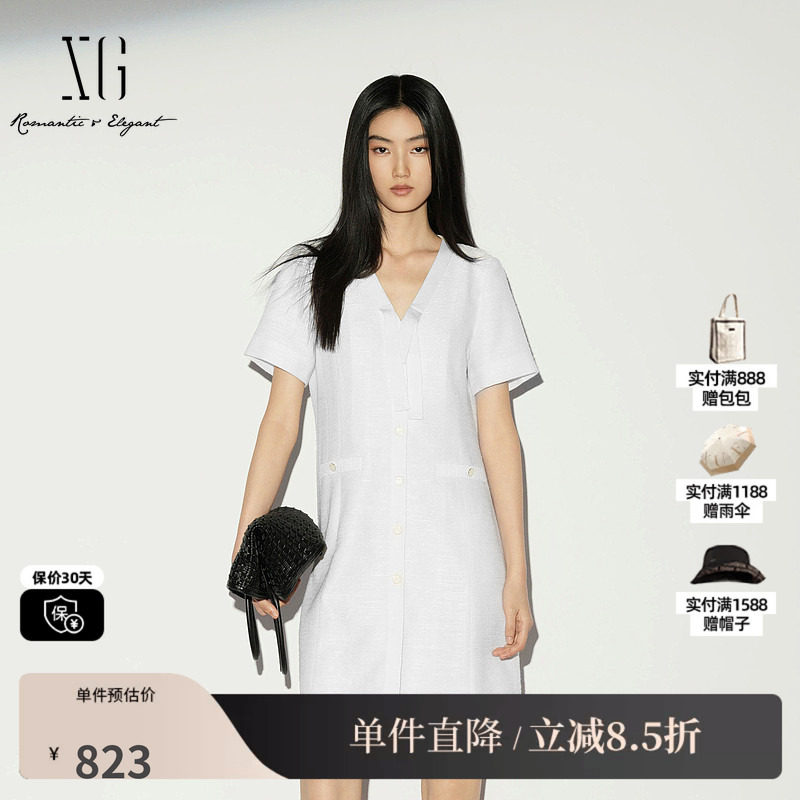 XG/雪歌XL204024A251白色V领飘带短袖连衣裙收腰简约直筒中裙女装