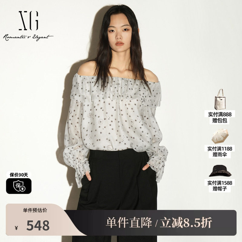 XG/雪歌 XL321018B292白色星星波点莱赛尔一字领长袖衬衫多穿女装