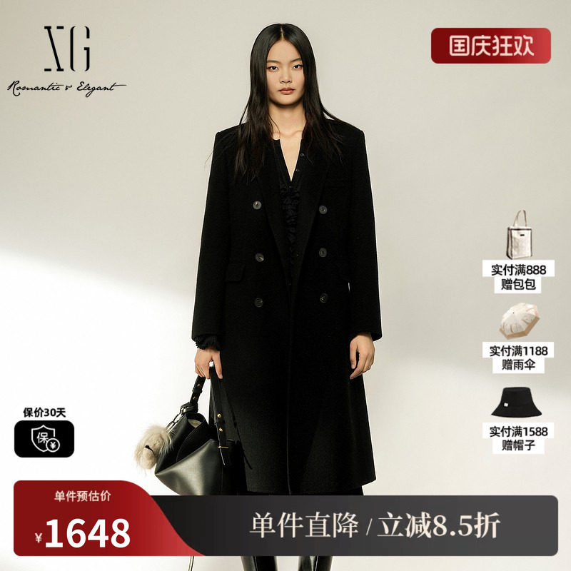 XG/雪歌 XL410008A590黑色羊毛混纺双排扣翻领毛呢外套保暖大衣女
