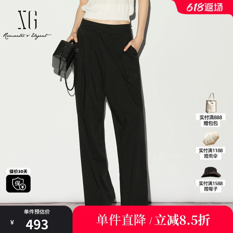 XG/雪歌XL202003A290 黑色直筒捏褶休闲裤通勤薄款中腰西装长裤女