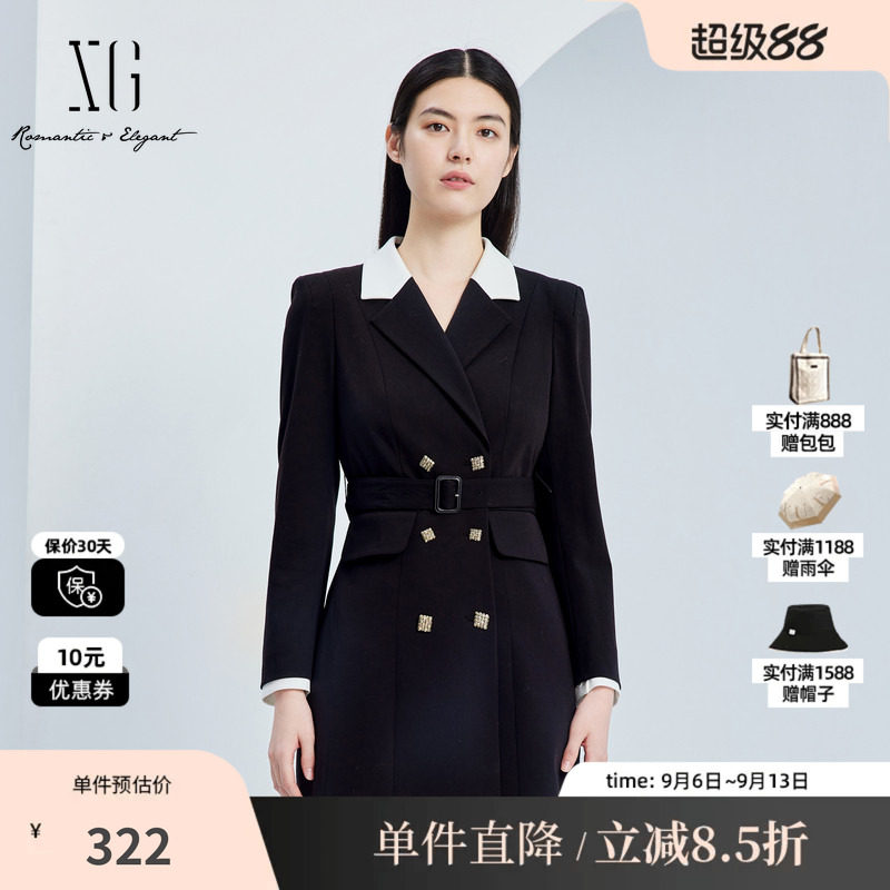 XG/雪歌XJ304025A590 黑翻领拼接长袖连衣裙通勤西装收腰半裙女装