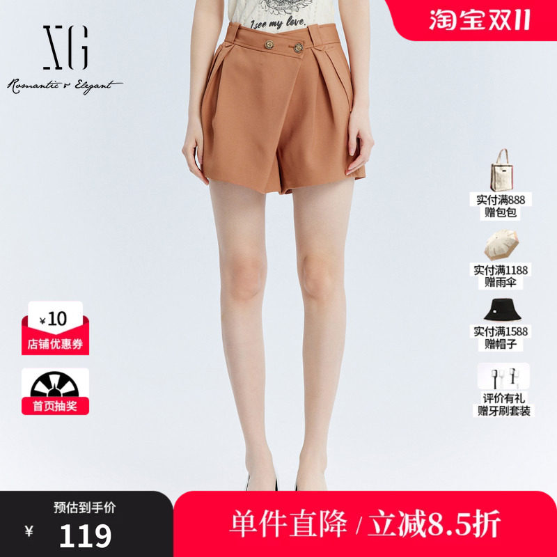XG/雪歌XJ302001A133桔黄色休闲裤时尚秋季新款压褶直筒短裤女装
