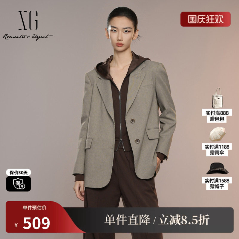 XG雪歌XK307024B595格纹休闲西装2025秋季新款翻领长袖西装外套女