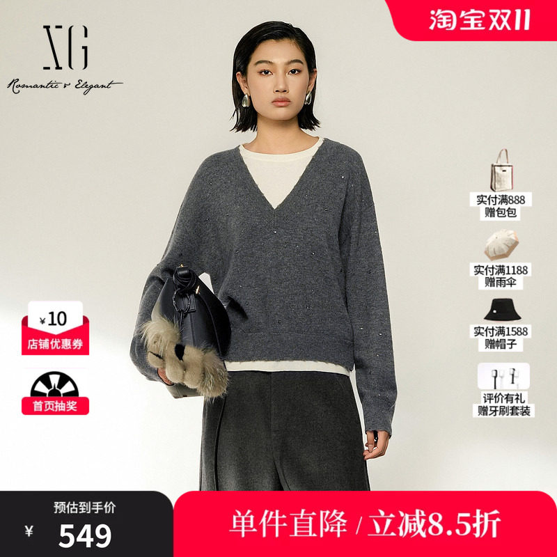 XG/雪歌 XL411030B483灰色100%绵羊毛假两件拼接针织衫休闲毛衣女