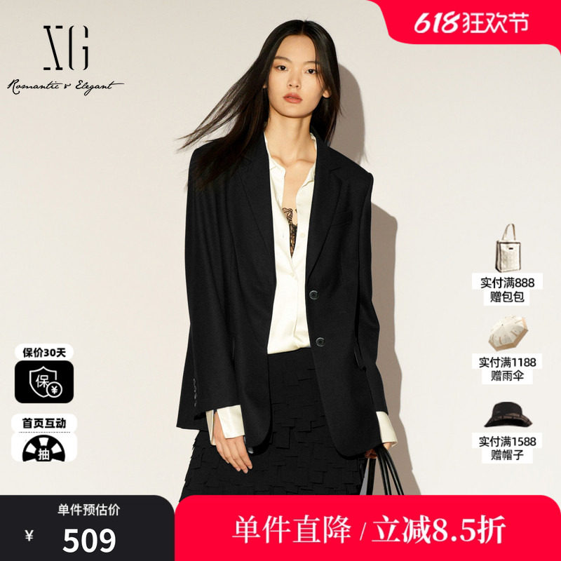 XG/雪歌XL107005A190 黑色通勤简约休闲西装翻领羊毛混纺外套女装