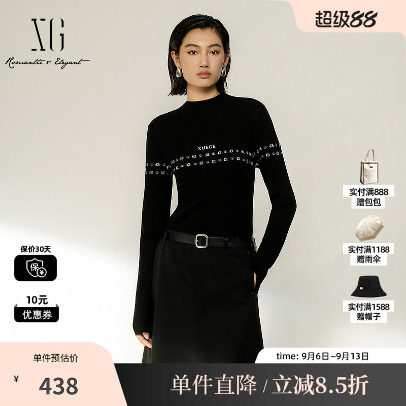XG/雪歌 XL411007B290黑色圆领印花长袖针织衫修身打底内搭毛衣女