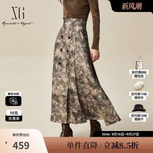 XG/雪歌XJ403032B396民俗风印花半身裙时尚冬季新款中长款A字裙女