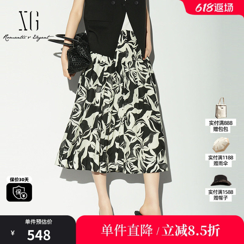 XG/雪歌XL203014B293黑白花版棉感半身裙高腰A字百褶中长伞裙女装