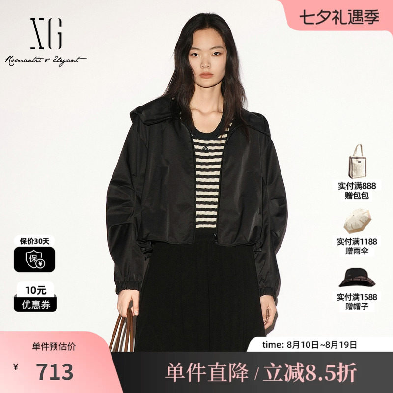 XG/雪歌 XL307005A290黑色连帽长袖短外套冲锋衣休闲运动上衣女装