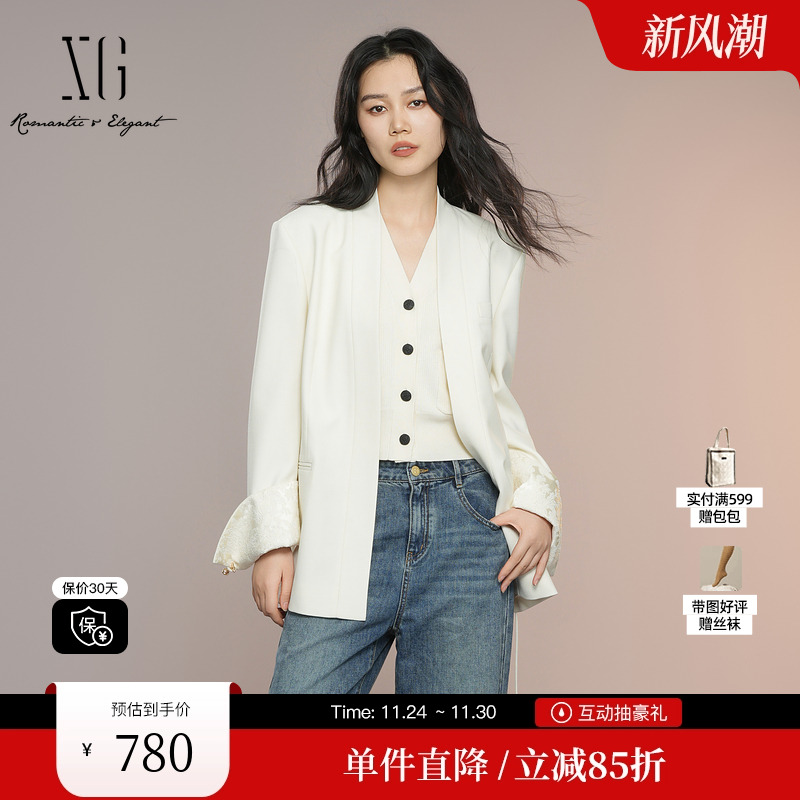 XG/雪歌XK307003A391绵羊毛休闲西装2025秋季新款垫肩长袖外套女