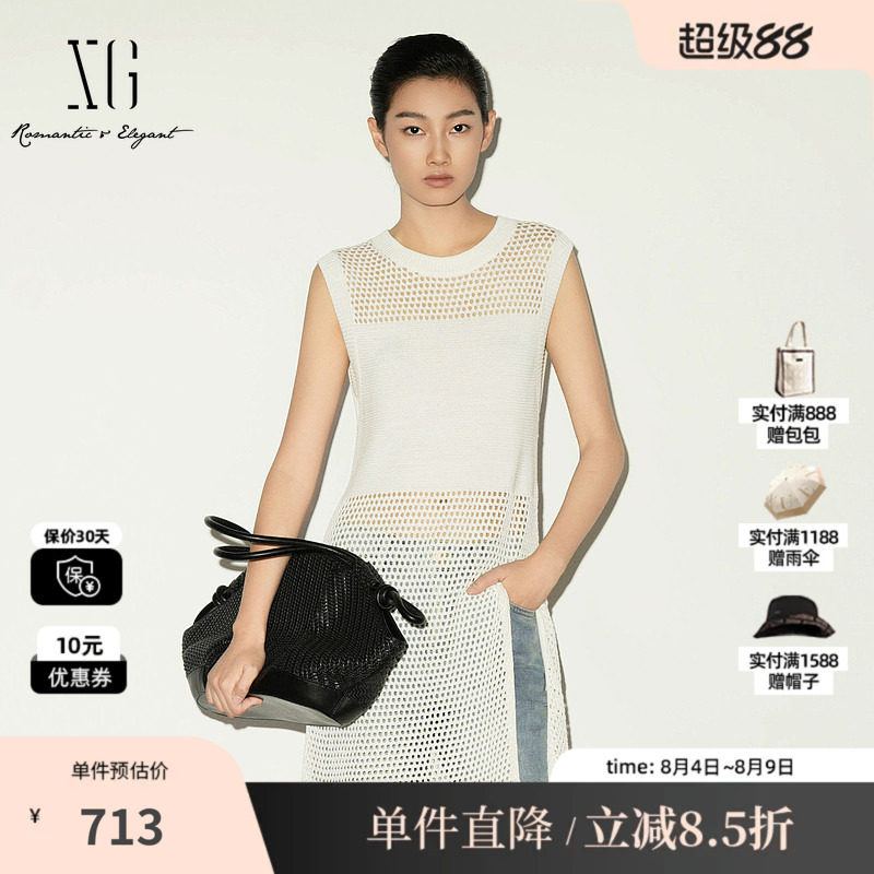 XG/雪歌XL211028A691 白色镂空直筒连衣裙圆领无袖修身流苏棉感女