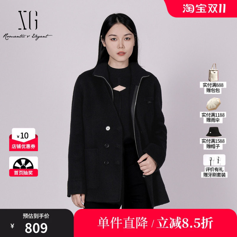 XG/雪歌 XK410051AE90黑色羊毛混纺无领毛呢外套毛衫两件套大衣女