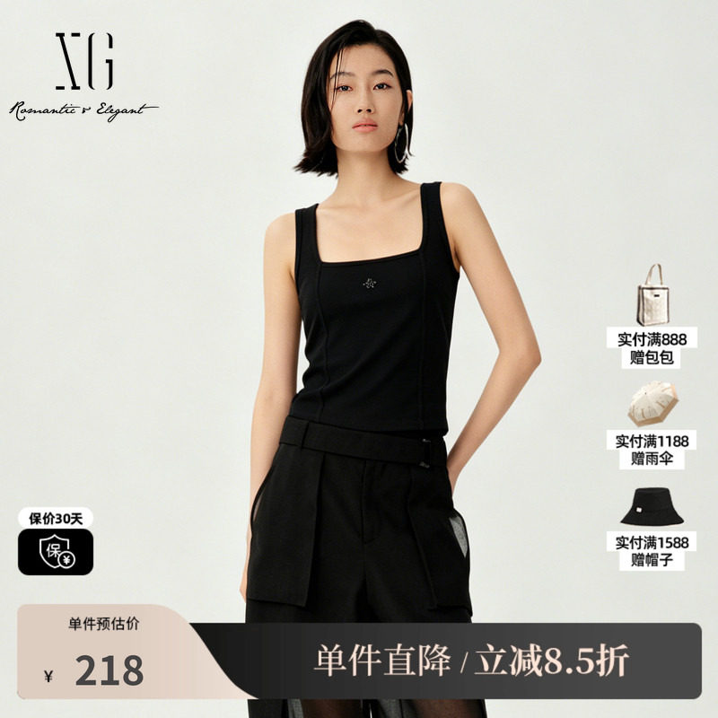 XG/雪歌XL222005A190黑色莱赛尔无袖背心收腰鱼骨U领搭配吊带女装