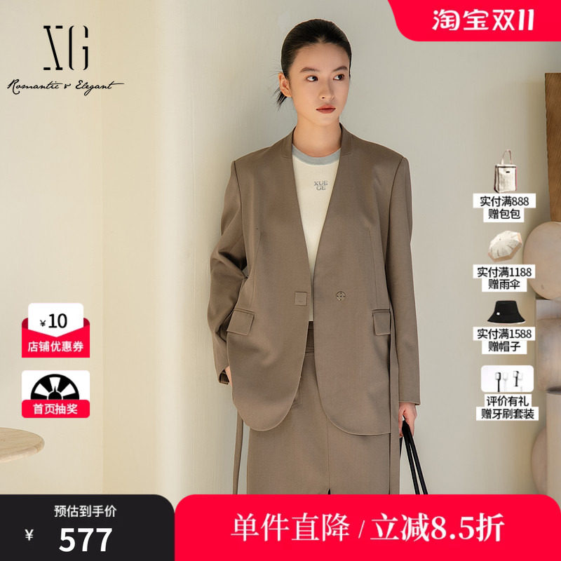 XG/雪歌XL107011A285 灰绿色羊毛混纺休闲西装通勤收腰长袖外套女