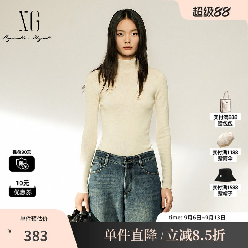 XG/雪歌 XL411041A191米白色100%绵羊毛高领针织衫修身打底毛衣女