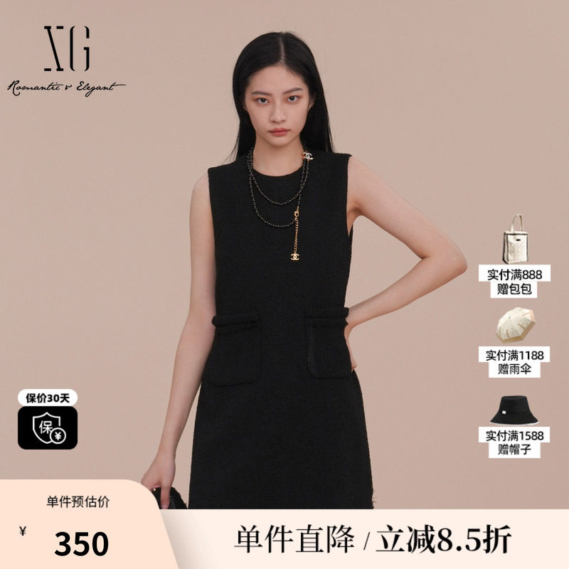 XG/雪歌XK104007A290黑色无袖连衣裙2025春季新款套头A字短裙女装