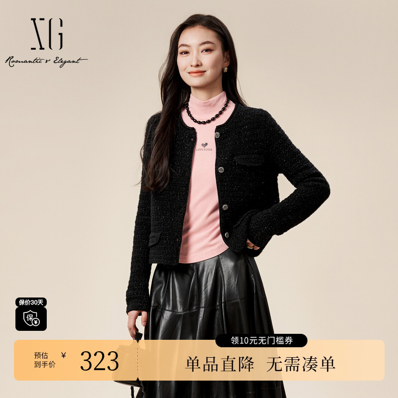 XG/雪歌XK407517A890黑色绵羊毛短外套时尚冬季新款小香风大衣女