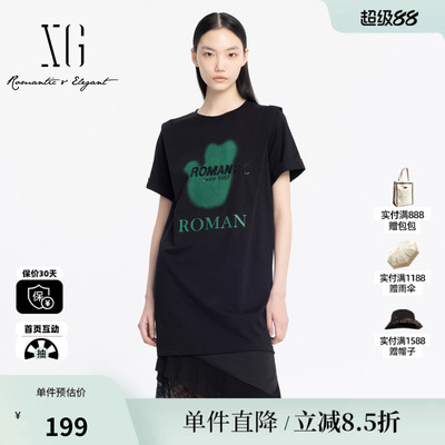 XG雪歌XJ204049A690黑色纯棉连衣裙 时尚夏季新款短袖亮片T恤裙女