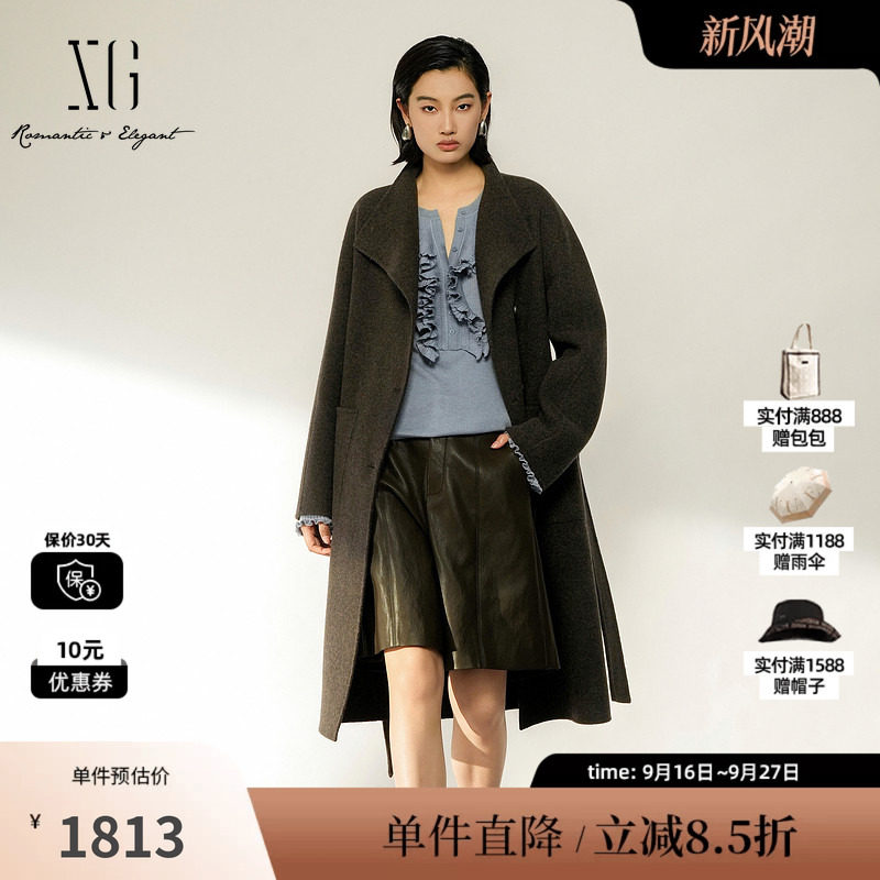 XG/雪歌 XL410009A574棕色100%绵羊毛翻领中长毛呢外套保暖大衣女