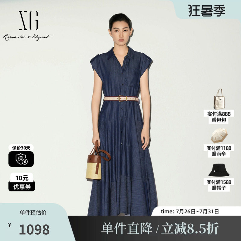XG/雪歌XL204039A219牛仔蓝色无袖连衣裙配腰带棉感中长A字伞裙女