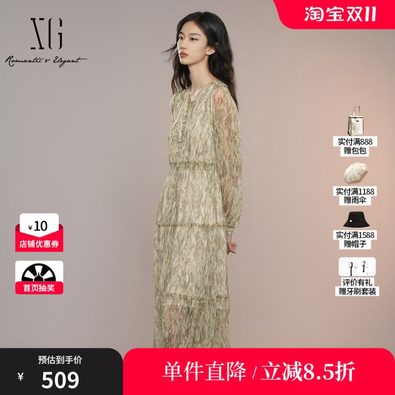 XG/雪歌XK304007B294系带领连衣裙2025秋季新款微透碎花中长裙女