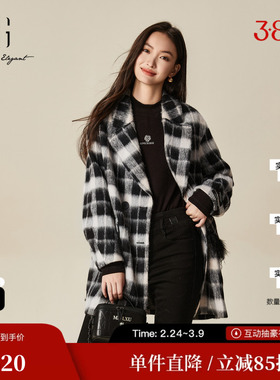 XG/雪歌XJ410036B495 黑白格纹毛呢外套中长款通勤羊毛混纺大衣女