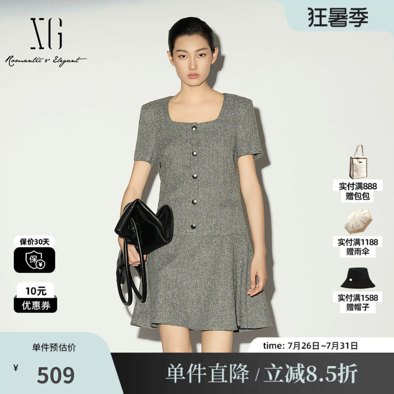 XG/雪歌XL104012A284小香风连衣裙短袖方圆领气质收腰A字短裙女装