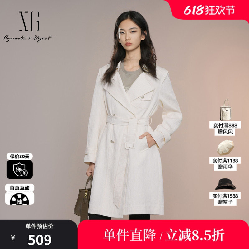 XG雪歌XK308013A491米白色中长款风衣2025秋季新款翻领长袖外套女
