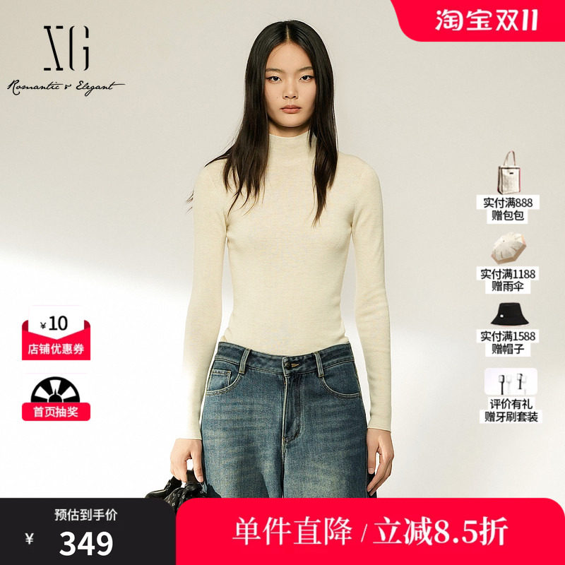 XG/雪歌 XL411041A191米白色100%绵羊毛高领针织衫修身打底毛衣女