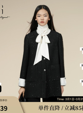 XG/雪歌XK407016A790 黑拼接翻边设计毛呢外套中长款圆领大衣女装