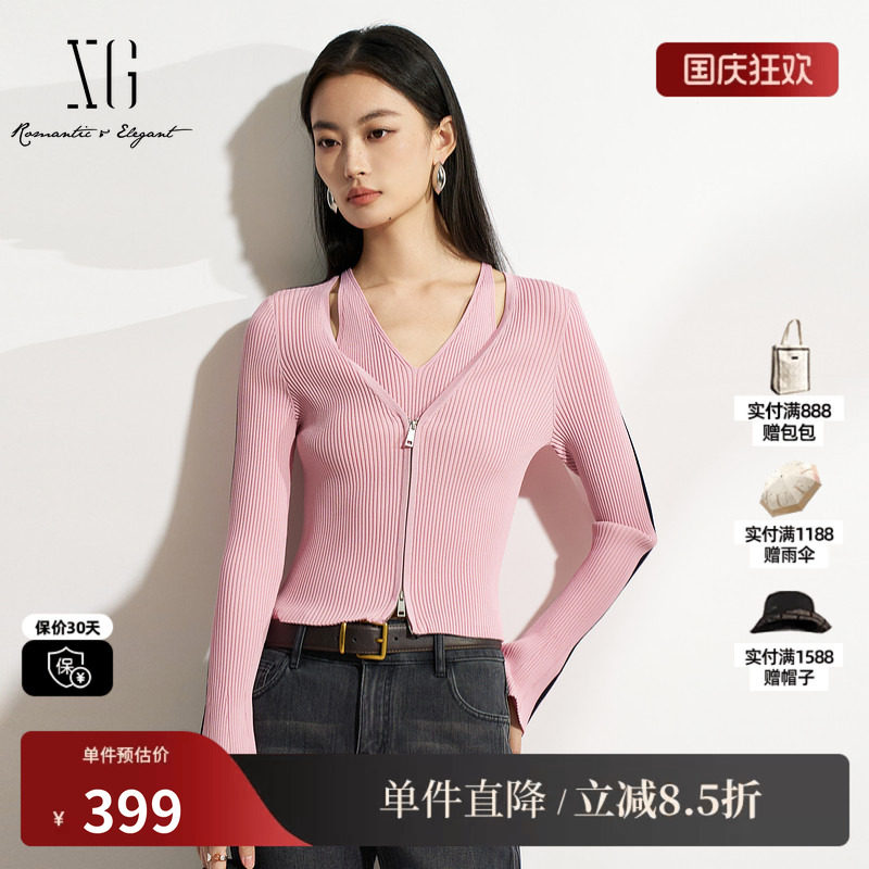 XG/雪歌XK111503A816 黑粉色假两件针织衫修身显瘦套头长袖毛衣女