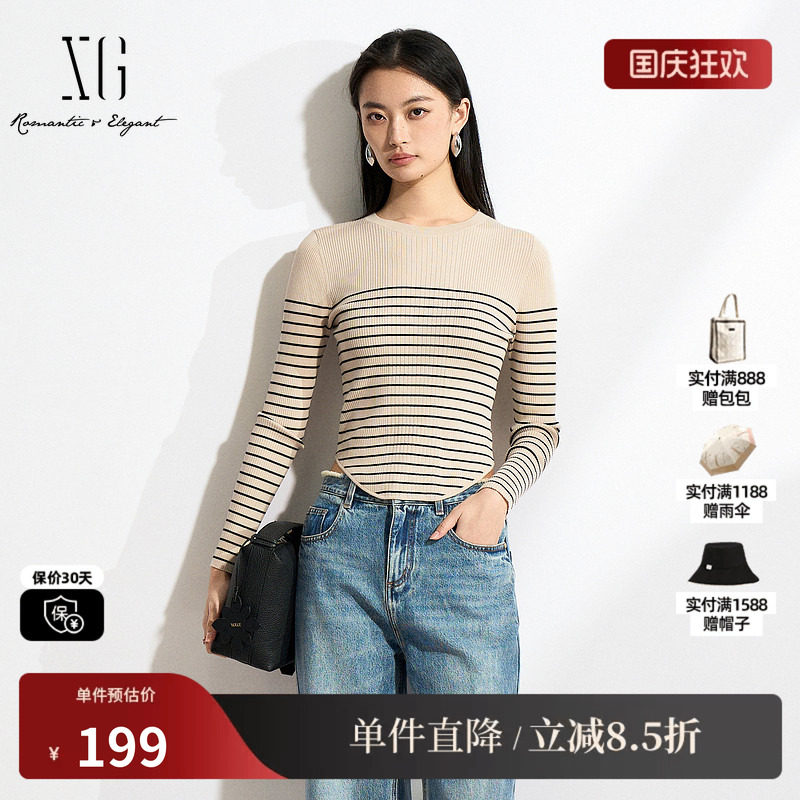 XG/雪歌XK111504A891 莱赛尔条纹针织衫米色圆领套头毛衣打底修身